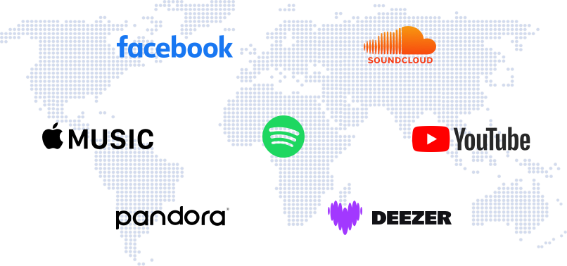 A graphic of a dotted map of the world, with the logos of some RouteNote partners overlaid on top: Facebook, Soundcloud, Spotify, Apple Music, YouTube, Pandora, and Deezer.